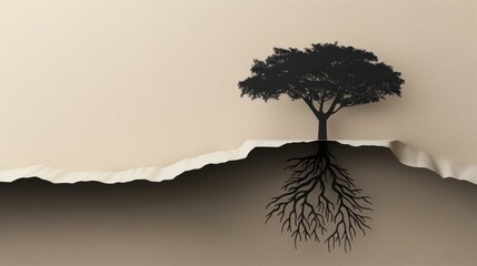 A minimalist paper-cut of a lone tree with deep roots