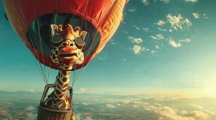 Pilot giraffe is inside a colorful hot air balloon above the ground. The giraffe looks curious as it gazes at the surroundings from high up in the sky.