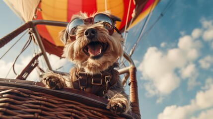 Pilot dog wearing sunglasses flies in a hot air balloon, enjoying the view from above. The colorful balloon contrasts with the clear sky, as the dog looks around with curiosity and excitement.