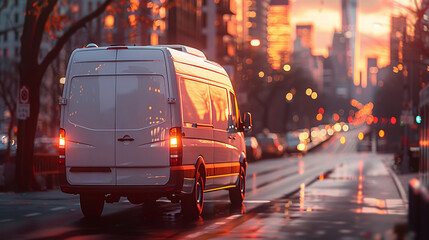 City van drives into sunset on a vibrant urban street - obrazy, fototapety, plakaty