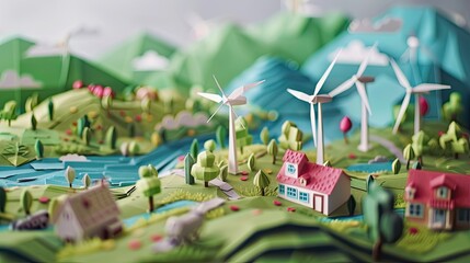 Fototapeta na wymiar A paper-cut diorama of a clean energy future