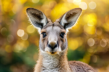 Curious Kangaroo Portrait Against Golden Bokeh Background