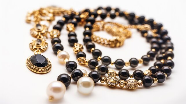 Elegant black and gold necklace with pearls and a stylish pendant. Perfect for fashion or luxury concept