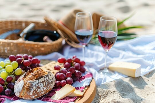 A picnic at the beach scene with a simple loaf of bread, cheese, and wine on a sandy shore