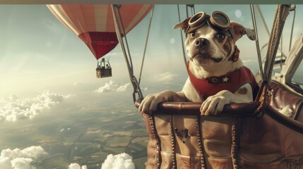 Pilot dog is seen comfortably seated inside a hot air balloon as it floats in the sky. The dog appears relaxed and curious, peering out at the surroundings.
