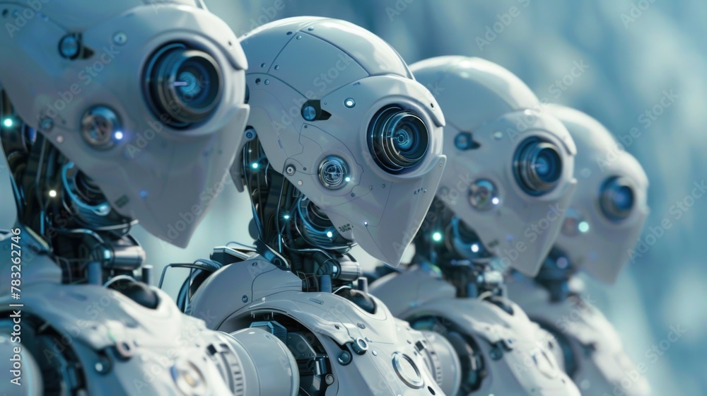 Poster A group of robots standing together. Suitable for technology and robotics concepts