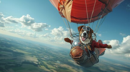 Pilot dog is seen flying in a hot air balloon in this unique and playful scene. The dog appears relaxed and happy as it floats above the ground in the colorful balloon.