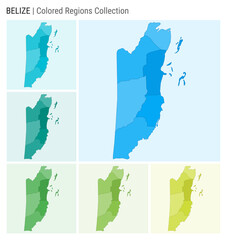 Belize map collection. Country shape with colored regions. Light Blue, Cyan, Teal, Green, Light Green, Lime color palettes. Border of Belize with provinces for your infographic. Vector illustration.
