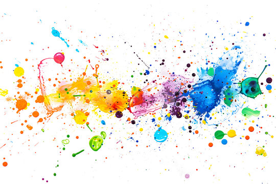 Colorful paint droplets on blank canvas.
