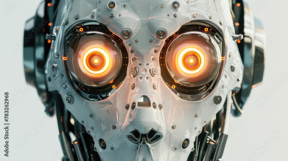 Poster Close up of a robot's face with glowing eyes. Suitable for technology and sci-fi concepts