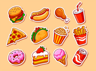 Fast food stickers illustrations set. Vector collection. Fast food cartoon icons. Hamburger, hot dog, pizza, taco, popcorn and other delicious food isolated on beige background. Perfect for menu desig