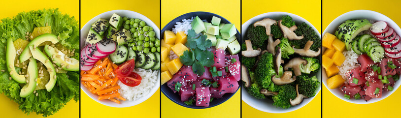 Collage of various salads on the yellow background. Top view. Close-up.