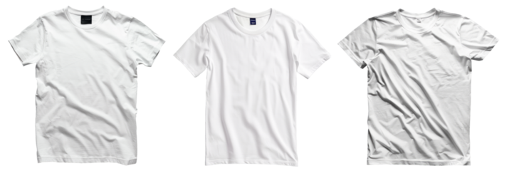 Collection of blank white t-shirts isolated on transparent background.