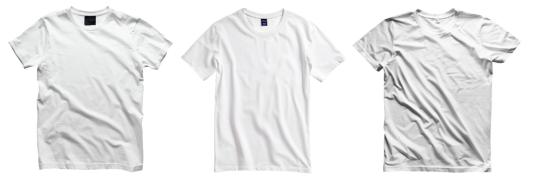 Collection of blank white t-shirts isolated on transparent background.