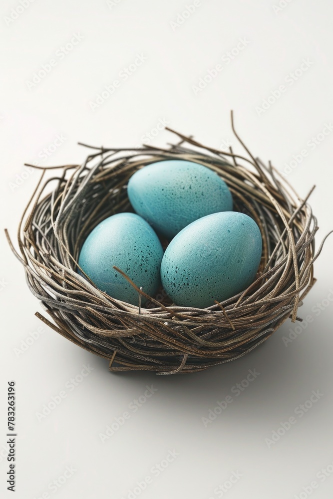Poster three blue eggs in a nest on a white surface. suitable for nature and spring themes