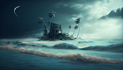 Strong wind hurricane та island flood disaster background, Ai generated image - obrazy, fototapety, plakaty
