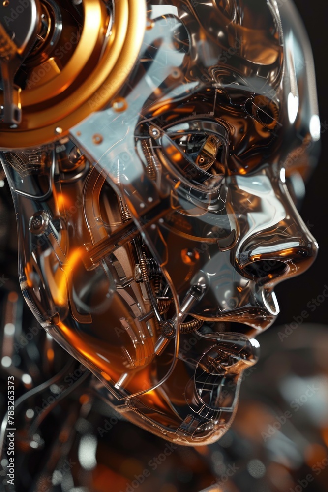Poster a close up of a person's head with a clock, suitable for time management concepts