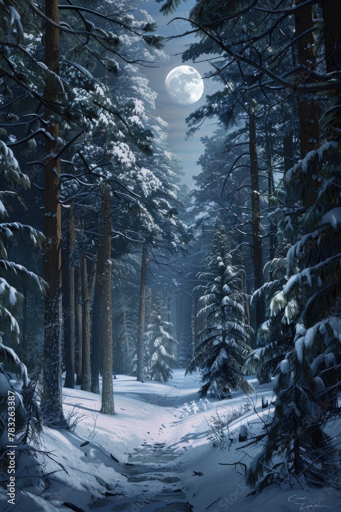 Poster a snowy path in the woods with a full moon in the background. perfect for winter and nature-themed p