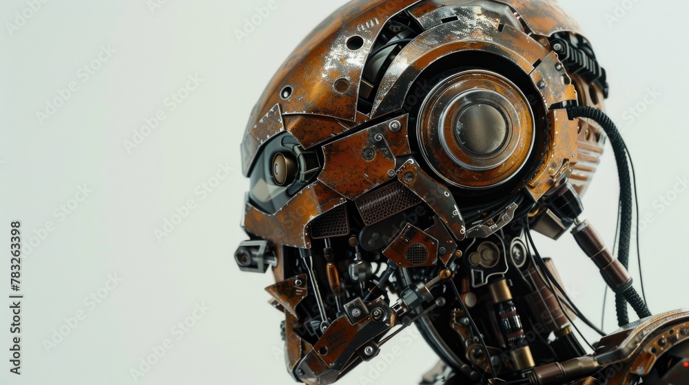 Poster Detailed view of a metallic robot head, suitable for technology concepts