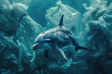 Dolphin surrounded by plastic bags, suitable for environmental concepts
