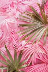 Fototapeta premium Vibrant pink palm leaves on a matching pink background. Perfect for tropical-themed designs