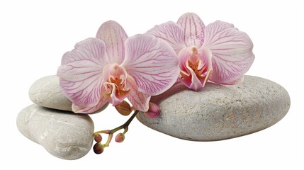 Fototapeta na wymiar A beautiful pink flower resting on a pile of rocks. Suitable for nature and garden themes
