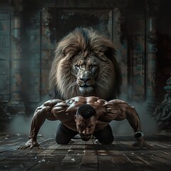 A Muscular Man Poses With A Menacing Lion Superimposed Behind Him