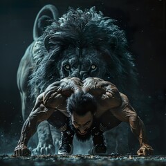 Bodybuilder Working Out With A Lion Behind Him 