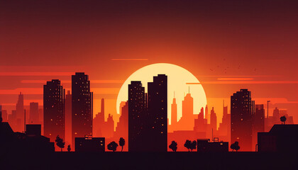 Fototapeta premium Sunset over the city buildings minimalist background, Ai generated image