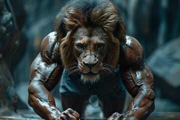 Fototapeta premium Intense Workout Session with a Lion in a Humid Backdrop
