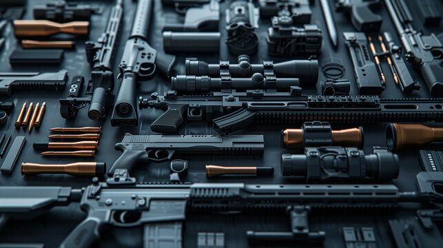 Detailed array of modern tactical firearms and gear
