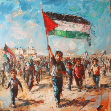 A painting of a group of children holding a flag. The painting conveys a sense of unity and patriotism