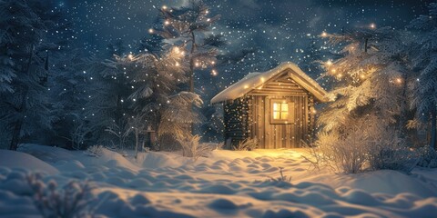 A small cabin in the middle of a snowy forest, perfect for winter themes - Powered by Adobe
