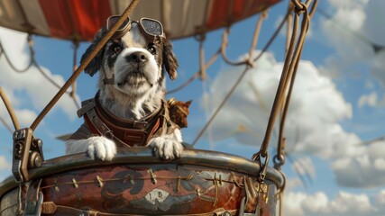 Dog dressed as a pilot is sitting inside a vibrant hot air balloon, ready to take flight into the sky. - 783263771