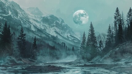 A serene mountain scene illuminated by a full moon. Suitable for nature or landscape themes