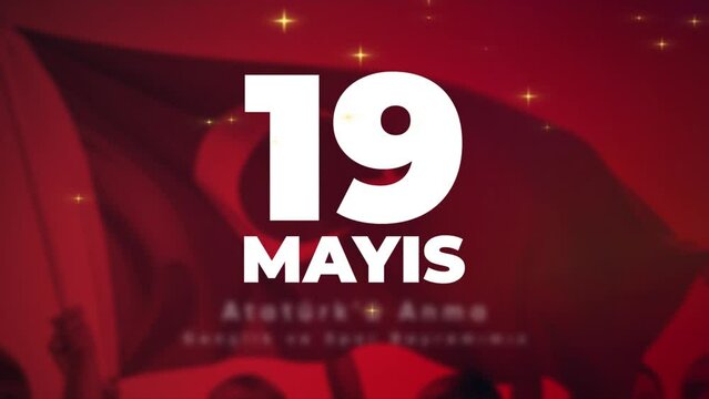 The Commemoration of Atatürk, Youth and Sports Day celebration video. 19 May, Gymnastics Festival. 4k Animation in red background with young people photos and text lettering. Turkish national holiday.