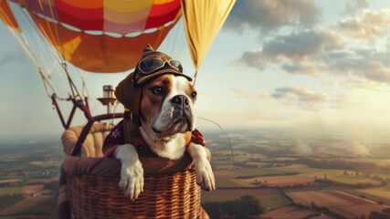 Dog Pilot is sitting in a basket on top of a hot air balloon, floating high above the ground. The dog appears calm and relaxed as it enjoys the unique aerial view. - 783263908