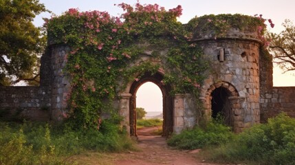 Fort tower entrance covered in dawns light and vegetation