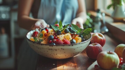 A bowl of fruit on a rustic wooden table, perfect for healthy eating concept