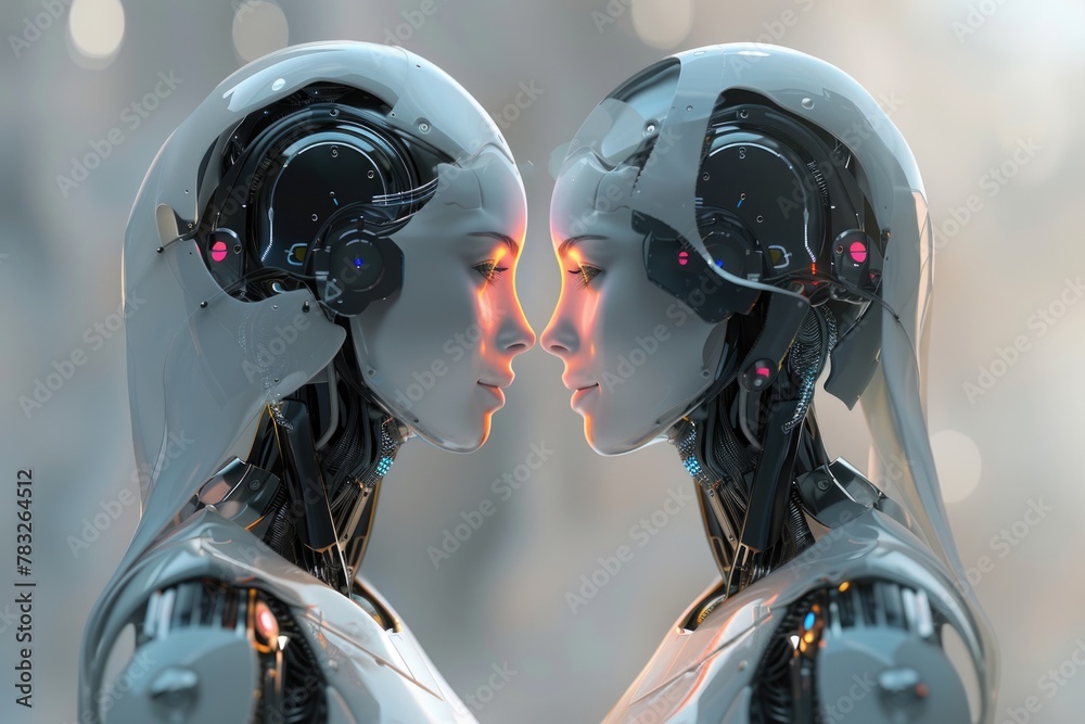 Poster Two robots facing each other with glowing eyes. Suitable for technology and futuristic concepts