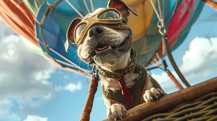 Dog-pilot dressed in a hat and goggles stands confidently in front of a colorful hot air balloon, ready for a whimsical adventure in the sky.