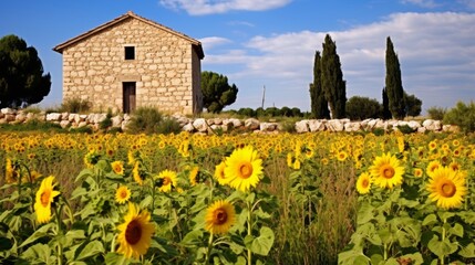 Sunflower field with quaint stone house