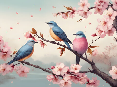 Amazing Illustration Art Spring Sakura blossom wallpaper with huming birds Colorful flowers as a panoramic background decorative wallpaper

