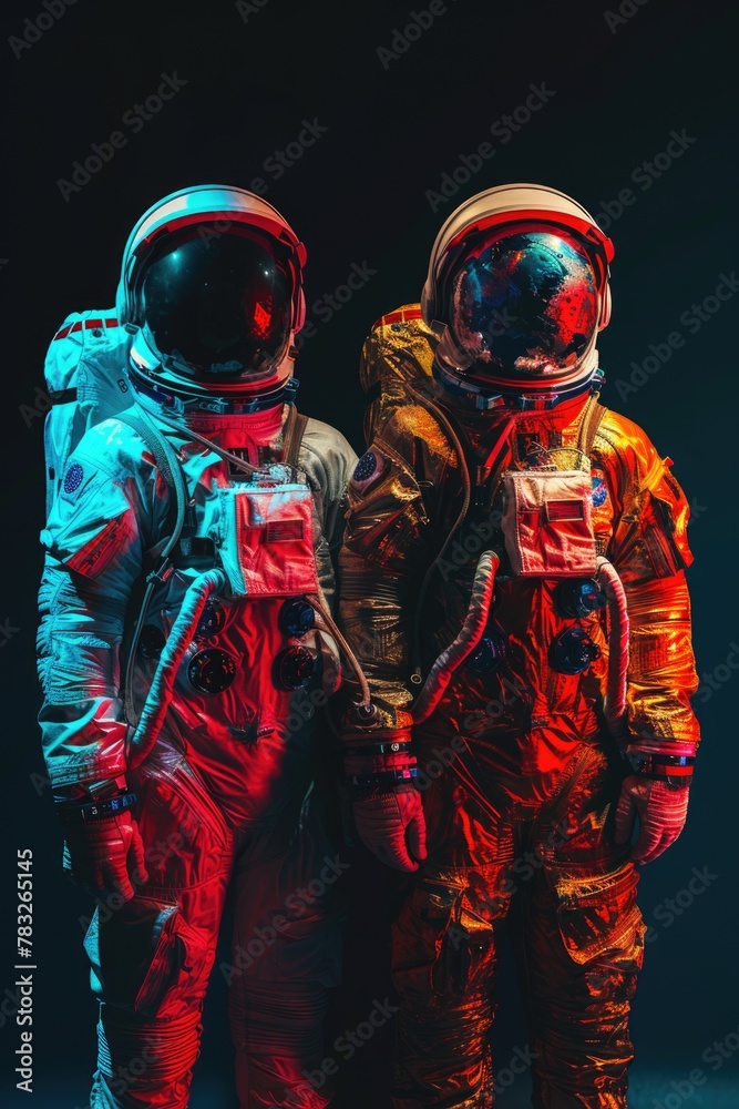 Poster a couple of astronauts in space suits. perfect for science and technology concepts