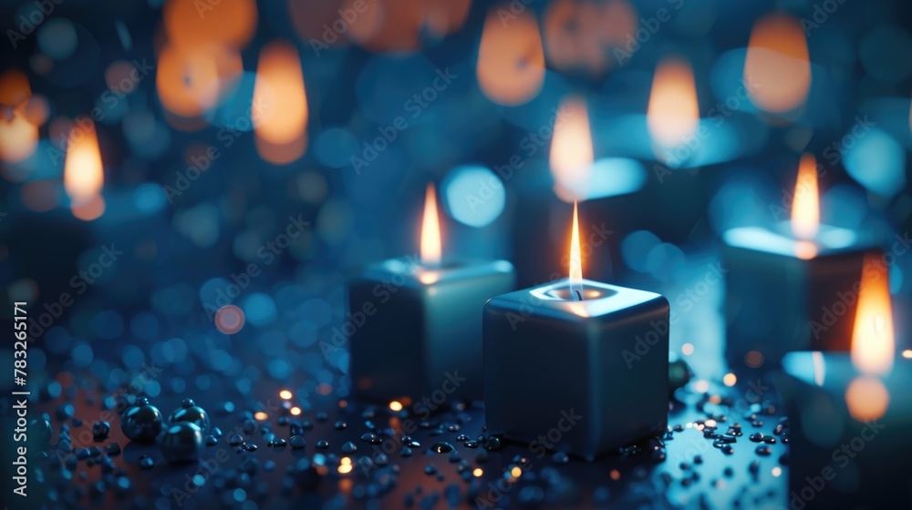 Poster a group of lit candles on a table. can be used for home decor or festive occasions