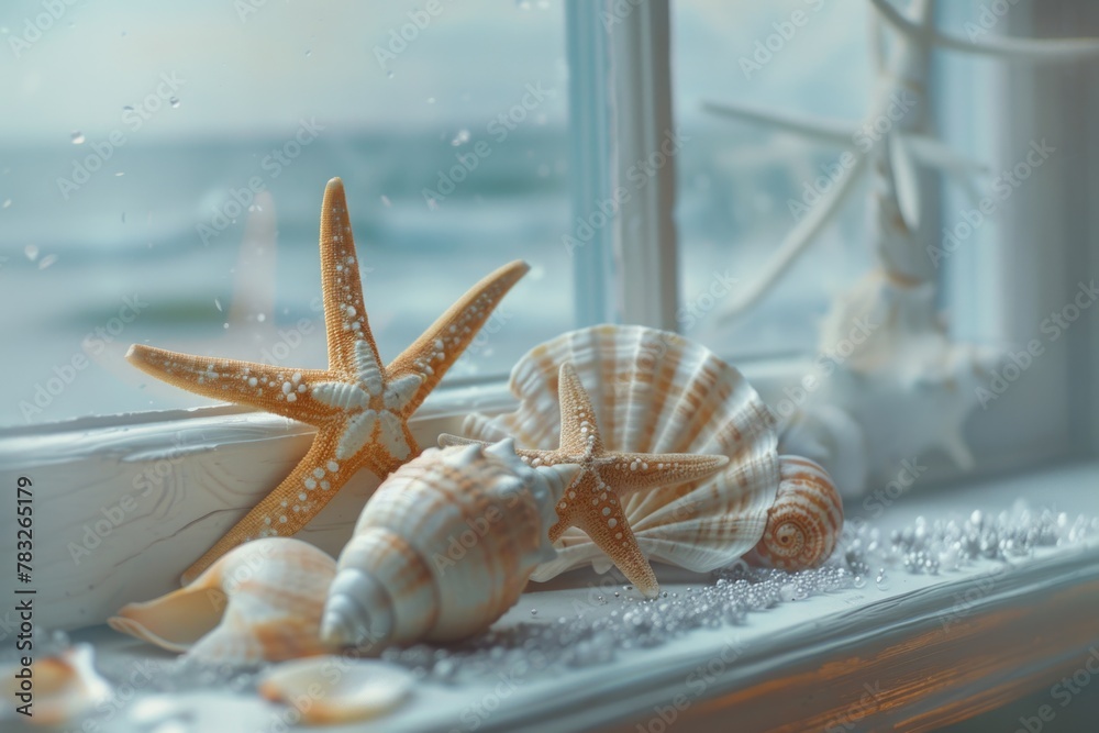Poster shells and starfish displayed on a window sill, perfect for coastal-themed designs