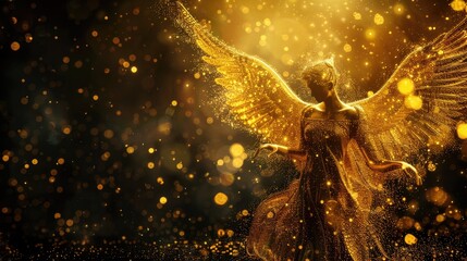 Golden angel standing in front of a dark background. Suitable for religious and spiritual themes