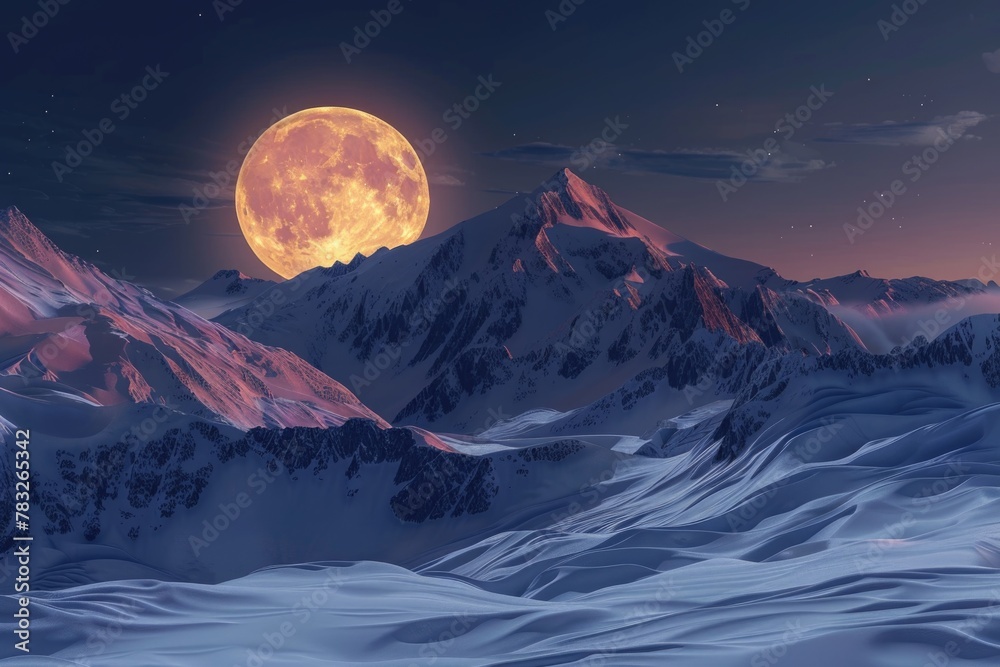 Aufkleber a stunning view of a full moon rising over a snowy mountain range. perfect for winter and nature-the
