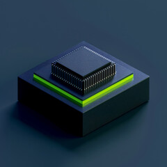 A computer chip is shown in a square with a green border
