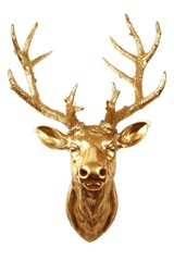 A close up of a gold deer head on a white background. Ideal for home decor or holiday designs